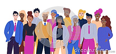 Colorful vector illustration in flat cartoon style group portrait of funny smiling office workers or clerks standing together Vector Illustration